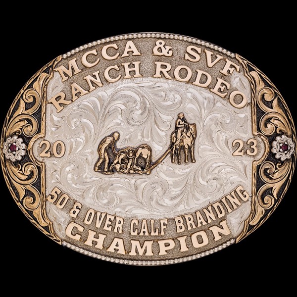 The oval Bartlesville Custom Belt Buckle has our Finest German Silver base, with a Rope Edge and beautiful flowers! Customize this buckle design for your rodeo event! 